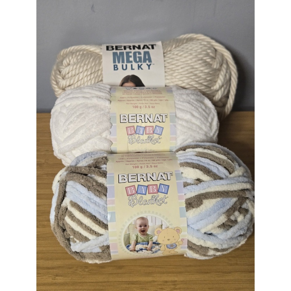3 Skeins Mixed Lot Of Bernat Yarn, 2 Baby And 1 Bulky. 3.5oz 100% Polyester. NEW